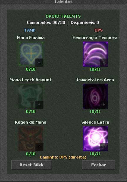 Janela de Talentos — Druid DPS